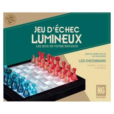 Afbeelding van MISTER GADGET, MG3543, Transparante LED schaakset, verlicht schaakbord, zwarte, blauwe en witte stukken, modern elegant ontwerp voor gepassioneerde spelers