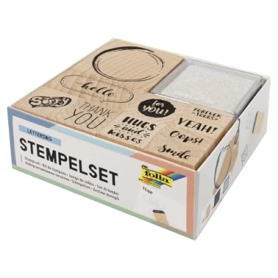 Afbeelding van folia 31106 houten stempelset lettering, inclusief 10 stempels en 2 stempelkussens ideaal voor het versieren van kaarten, vriendschapsboeken, lettering scrapbooking