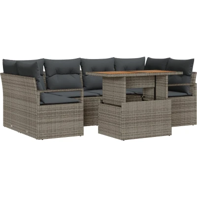 Afbeelding van vidaXL 7 delige Tuin Sofa Set met Kussens Grijs Poly Rattan Acacia, 2 zits