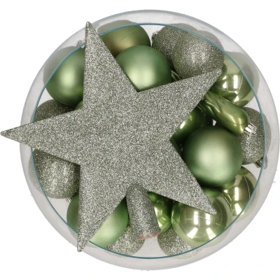 Afbeelding van Bellatio Decorations set 33x stuks kunststof kerstballen met ster piek groen Kerstbal