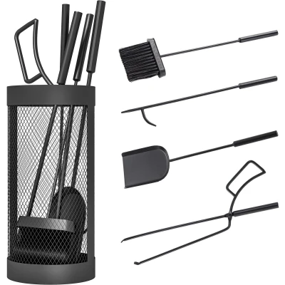 Afbeelding van Outsunny Haardbestek, 5 delig, haardaccessoires met bezem, schep, tang, pookhaak en mand, haardgarnituur, metaal, zwart