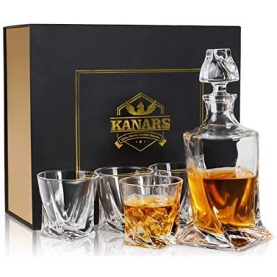 Afbeelding van KANARS Whisky Glazen en Karaf Set, Kristallen Decanter 800 ml met 4 Whiskyglas 300 voor Cognac, Whisky, Scotch, Wodka, Martini, Cocktails, Set van 5 Stuks, Mooie Geschenkdoos