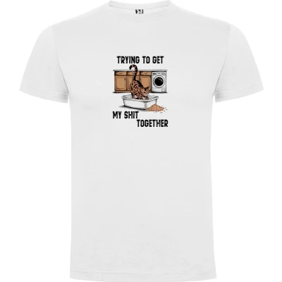 Afbeelding van Wit T Shirt met “Trying to get My Shit together Zelfzorg“ Print Full Color Maat XL