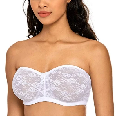 Afbeelding van Dobreva Dames Strapless Beha met Beugel Sheer Lace Dirndl Bandeau Beha&#039;s Transparante Bandjes wit 70C