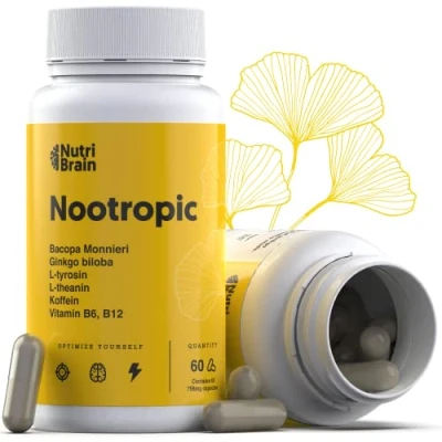 Afbeelding van NOOTROPIC Natuurlijk Pakket Xl 60 Capsules Formule voor meer energie, concentratie en mentale flexibiliteit Cafeïne, Ginko Biloba, Tyrosine, Theanine, Bacopa Monnieri Vitaminen