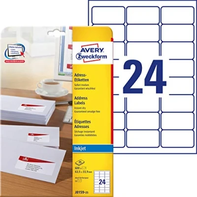 Afbeelding van AVERY Zweckform J8159 25 adreslabels/adreslabels/stickers (600 etiketten, 63,5 x 33,9 mm op A4, bedrukbaar, zelfklevend, voor DIN B6/C6 enveloppen, mat papier, inkjetprinter) vellen, wit