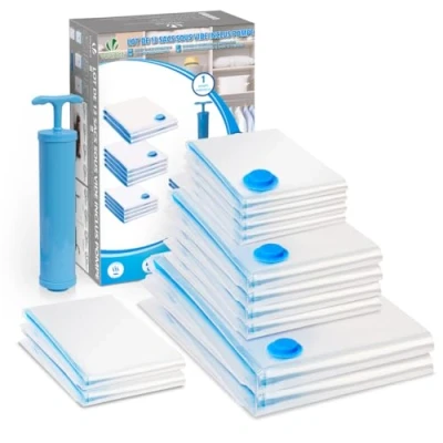 Afbeelding van VOUNOT Vacuüm Opbergzakken met Handpomp, Set van 12 Herbruikbare en Ruimtebesparing Opbergtas voor Kleding, Kleding Dekbedden, Beddengoed, Kussens