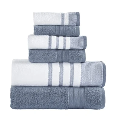 Afbeelding van Modern Threads 6 delige set, 2 badhanddoeken, handdoeken, washandjes, sneldrogend, wit/contrasterende denim Reinhart