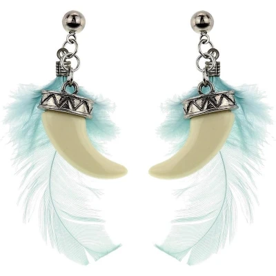 Afbeelding van Behave Oorbellen zilver kleur met blauwe veer en tand