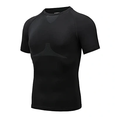 Afbeelding van AMZSPORT Heren compressieshirt korte mouwen sportshirt sneldrogend loopshirt functioneel shirt, zwart (112012), M