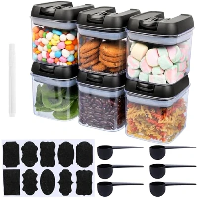 Afbeelding van Belle Vous 6 Stuks Voorraadpotten Met Lepel, Label &amp; Stift 500 ml Doorzichtige Plastic Kruidenpotjes Luchtdicht Voor Kruiden, Zout en Meer