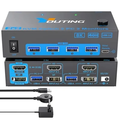 Afbeelding van YOUTINGHDAV 2x2 KVM Switch 2 PC monitoren HDMI DP, USB 3.0 4K @144Hz 8K @60Hz, 2.1 Displayport 1.4 Dual Monitor voor delen muis toetsenbord met
