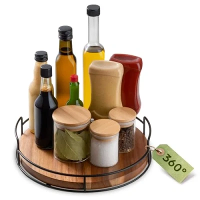 Afbeelding van Praknu Lazy Susan Draaiplateau Hout Duurzaam FSC Acaciahout 360 Organizer Antislipmat 28 cm Kruidenrek voor Tafel &amp; Keuken