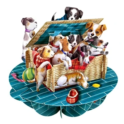 Afbeelding van SANTORO Pirouette, 3D pop up wenskaart puppy&#039;s in een mand verjaardagskaart voor hond en puppy haar, hem, kinderen, dochter, zoon nieuwe puppykaart