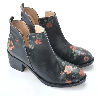 Afbeelding van Goby Midnight Blossom Dames Enkellaarsjes Handgemaakt Vegan Leer Maat 38