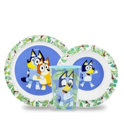 Afbeelding van Sorrisini Bluey Herbruikbare kinderserviesset, kinderbord voor kleuterschool, schep, babyset met bord, kom, beker 260, set het spenen van eerste maaltijd hard plastic, blauw