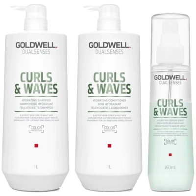 Afbeelding van Goldwell Dualsenses Curls &amp; Waves Hydrating Shampoo 1000ml + Conditioner Serum Spray 150ml bundel/set/pakket