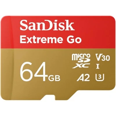 Afbeelding van SanDisk 64GB Extreme Go micro SDXC UHS I Kaart 64 GB + SD Adapter (Voor Android Smartphones en Tablets, Action Cams &amp; Drones, Tot 200 MB/s, V30, 5K, 4K UHD, Rescue PRO Deluxe, C10, U3) voor Amazon