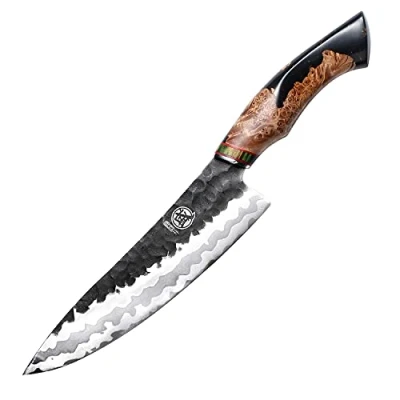 Afbeelding van MITSUMOTO SAKARI 20 cm Handgesmede Professionele Keukenmessen, 440C Damascus Japans Keukenmes, Geavanceerde Kunst Gyuto Koksmessen (Esdoorn Houten Handvat en Geschenkdoos)