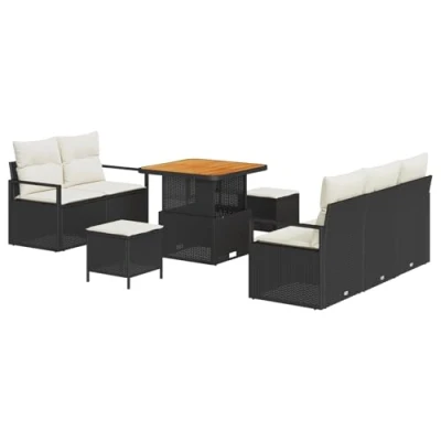 Afbeelding van vidaXL 8 delige tuinsofa set met kussens zwart poly rattan acacia, 2 zits rattan, 3 tuin eetset acacia