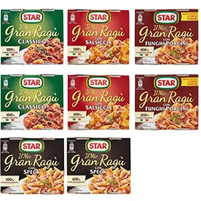 Afbeelding van Testpakket Star ragù sughi pronti kant en klare sauzen 8 x (2 180 g) 100% Italiaans Classico Salsiccia Funghi Porcini spek
