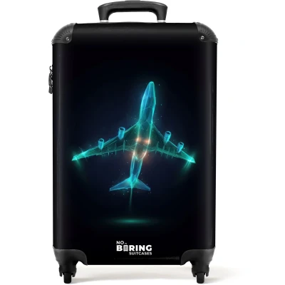 Afbeelding van NoBoringSuitcases.com® Kinderkoffer jongen Kindertrolley jongens Lichtgevend vliegtuig Handbagage koffer lichtgewicht Reiskoffer trolley kinderen Rolkoffer met wieltjes Past binnen 55x40x20 en 55x35x25