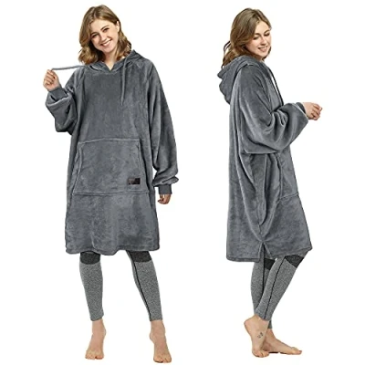 Afbeelding van Catalonia Classy hoody deken van fleece, superzacht sweatshirt, warm draagbaar deken, grote trui met capuchon en groot voorvak, voor volwassenen, dames heren, donkergrijs