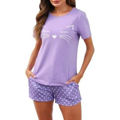 Afbeelding van Reliwel pyjama dames kort katoen tweedelige nachtkleding zomer sleepwear huispak vrouwen loungewear sets korte mouwen en shorts met trekkoord zijzak, lila a, XL