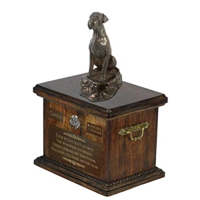 Afbeelding van Art Dog Custom Sitting Statue Memorial Urn Handgemaakt koud gegoten brons op berkenhouten voet 8,3x11,4x8,7 5l Bokser V