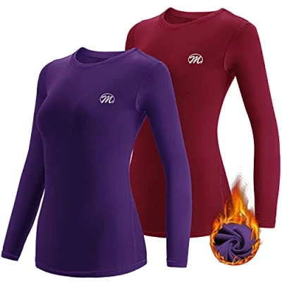 Afbeelding van MEETWEE Thermo ondergoed voor dames, winteronderkleding top en onderkant met lange mouwen, sneldrogend, lang ondergoedpak fleece gevoerd hardlopen, skiën training, Paars+rood, M