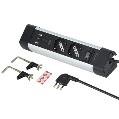 Afbeelding van Electraline 61921 Meervoudige stekkerdoos voor bureau, 2 plaatsen, Schuko + 10/16 A, met 3 USB (2 A 3.0 1 C 20 W Power Delivery), kabel H05VV F 3G.1, lengte m, overspanningsbeveiliging