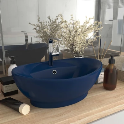 Afbeelding van Wastafel met overloop ovaal 58,5x39 cm keramiek mat donkerblauw