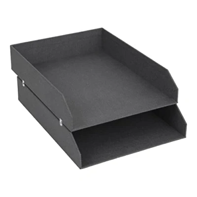Afbeelding van Bigso Box of Sweden Set van 2 brievenbakjes voor het bureau, stapelbare opbergvakken brieven, documenten enz., opbergsysteem vezelplaat met papier in linnenlook, zwart
