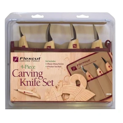 Afbeelding van FLEXCUT Carving mes Set 4 stuks, snijmes, houten handvat, inkepingsmes, koolstofrijk messtaal, gereedschapsgrol, houtsnijwerk, scherp voor houtsnijgereedschap, knutselaars