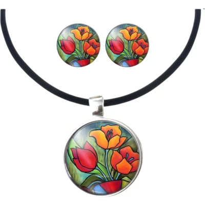 Afbeelding van Set Tulp zilver oorknopjes met ketting Charme Bijoux