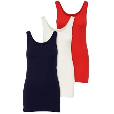 Afbeelding van ONLY Set van 3 basic tanktops voor dames, wit, zwart, grijs, blauw, crème, lange zomershirts top 15201465, Kleurmix 5, L