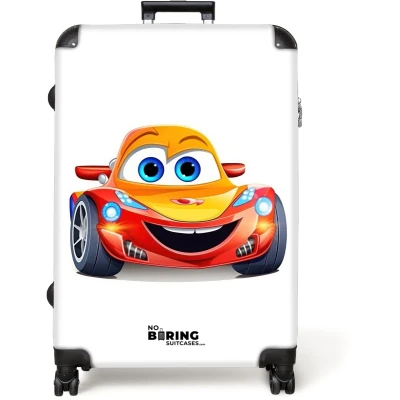 Afbeelding van NoBoringSuitcases.com® Koffer groot Reiskoffer lichtgewicht Raceauto Oranje Jongens Kinderen Auto Rolkoffer met 4 wielen Grote trolley XL 98 liter bagage