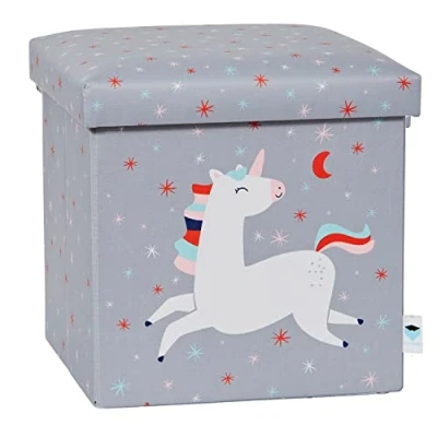 Afbeelding van Love it Store Kruk met opbergruimte Beklede kist van hoogwaardig stof Comfortabel en extra stabiel Grijs eenhoorn 35x35x35 cm