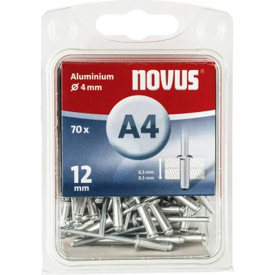 Afbeelding van Novus Aluminium klinknagels 12 mm, 70 klinknagels, Ø 4 6,5 8,5 mm klemlengte, voor bevestiging van kunststoffen en leer