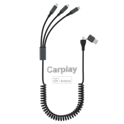 Afbeelding van Multi oplaadkabel voor Apple Carplay [MFi gecertificeerd], Opgerolde USB naar Lightning kabel met datasynchronisatie, Snoer A/C Lightning/USB C/Micro connector