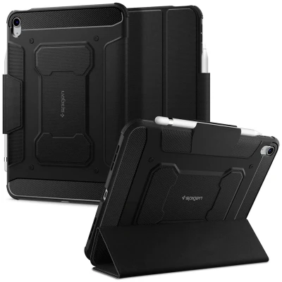 Afbeelding van Apple iPad 10.9 (2022) Hoes: Spigen Rugged Armor Pro Bookcase Shockproof/Valbescherming Zwart Kunstleder Tablet Hoezen
