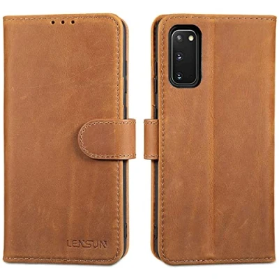 Afbeelding van LENSUN beschermhoes voor Samsung Galaxy S20, van echt leer S20 5G, [RFID blokkering] portemonnee met magneetsluiting, compatibel retro bruin