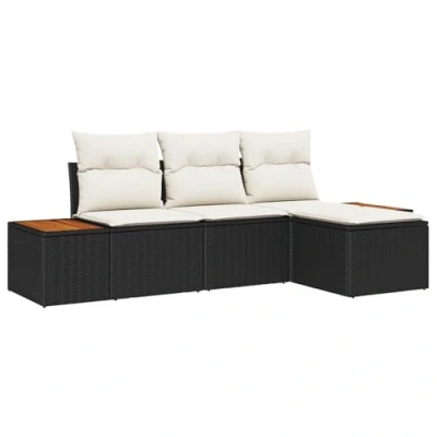 Afbeelding van vidaXL 4 delige Sofa Set voor in de Tuin met Kussens Zwart van Poly Rattan en Acacia