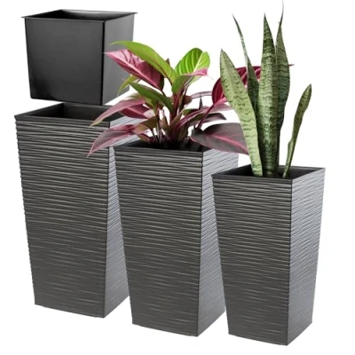 Afbeelding van KADAX Bloempotset, bloempot van kunststof, plantenbak, weerbestendige bloempot, voor binnen en buiten, (grafiet, set 3 stuks, maat XL)