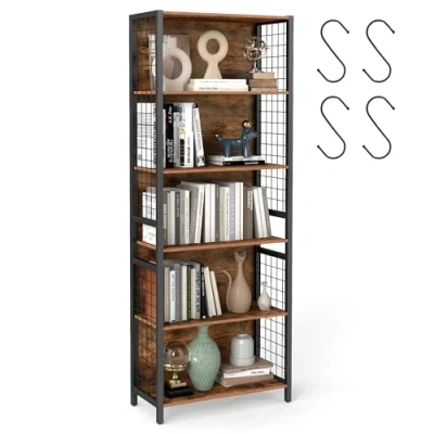 Afbeelding van VASAGLE Boekenkast, 6 laags stellingkast, opbergkast, 30 x 60 175,6 cm, met 4 S haken, voor kantoor, woonkamer, stalen frame, rustiek bruin en inktzwart LLS171K01