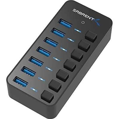 Afbeelding van SABRENT USB hub, powered, dockingstation 3.2 datahub 7 poorten, 5 V/3 A, 36 W, voeding, multiport met schakelaars en led indicatoren voor de stroomvoorziening (HB BUP7)
