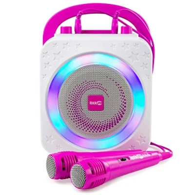 Afbeelding van RockJam 10 Watt oplaadbare Bluetooth karaoke machine met twee microfoons, voice changing effecten &amp; LED lampjes roze
