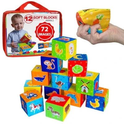 Afbeelding van magdum 12 Soft Blocks for kids Farm ZOO Sea baby Stacking toys Development fine motor skills Cubes infant 6m educational 18 months