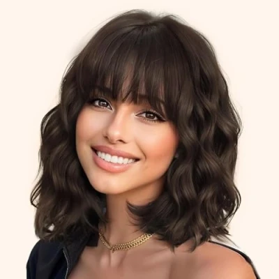 Afbeelding van YEESHEDO Pruik voor dames, kort, donkerbruin, pruiken met natuurlijke pony, donkerbruine pruik, afro, Braziliaans haar, krullend, golvend, kleur, 35 cm