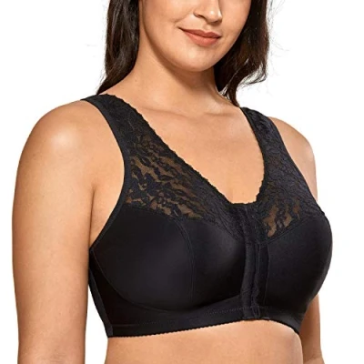 Afbeelding van DELIMIRA Dames volledig dekkende beha Met Voorsluiting Racerback Plus Maat Volledige Dekking Draadloze Bh comfortabele Lace Bh&#039;s zwart 110F